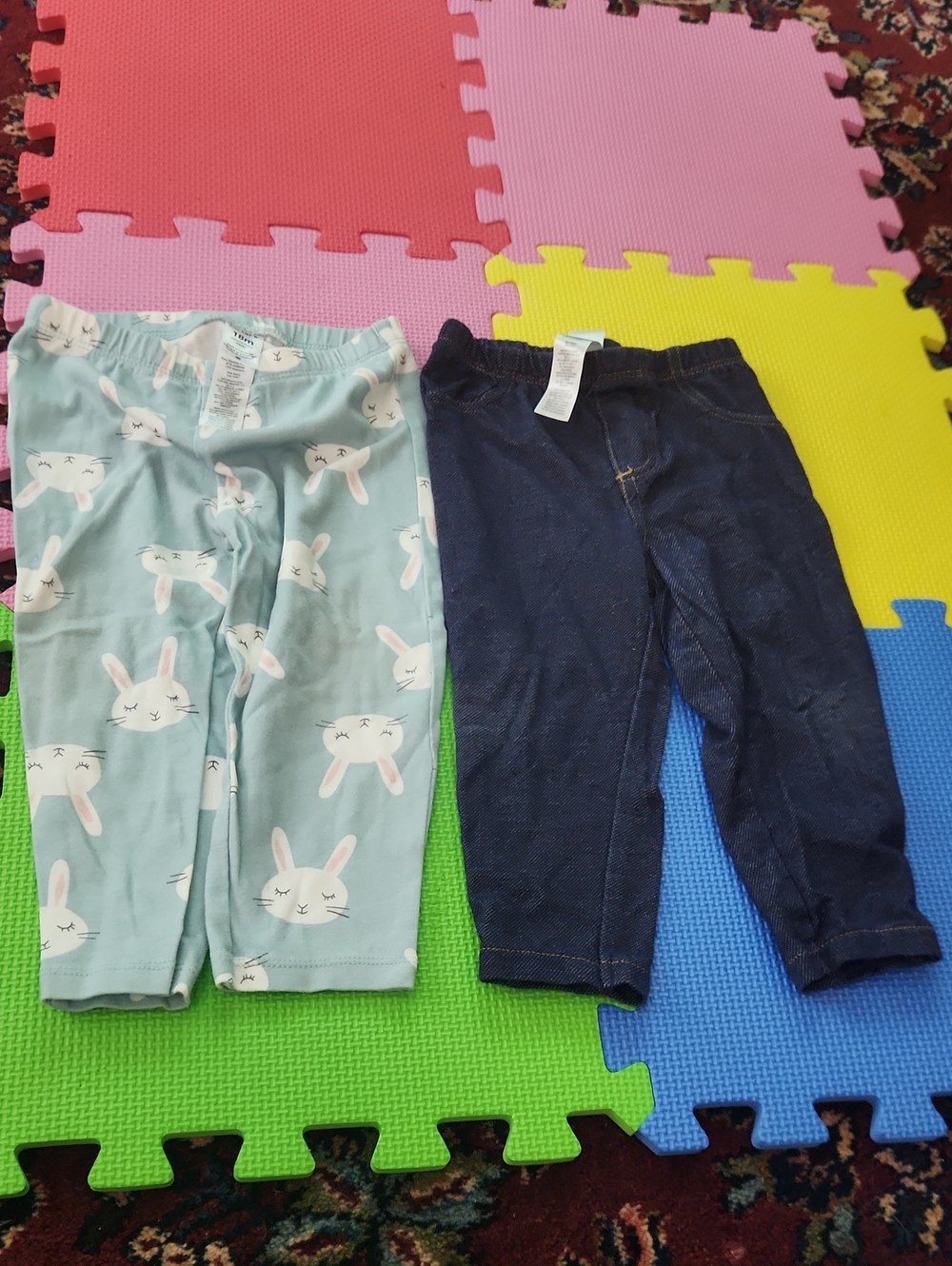 Carter's Bunny Print Mint Leggings & Navy Denim-Look Pants Set